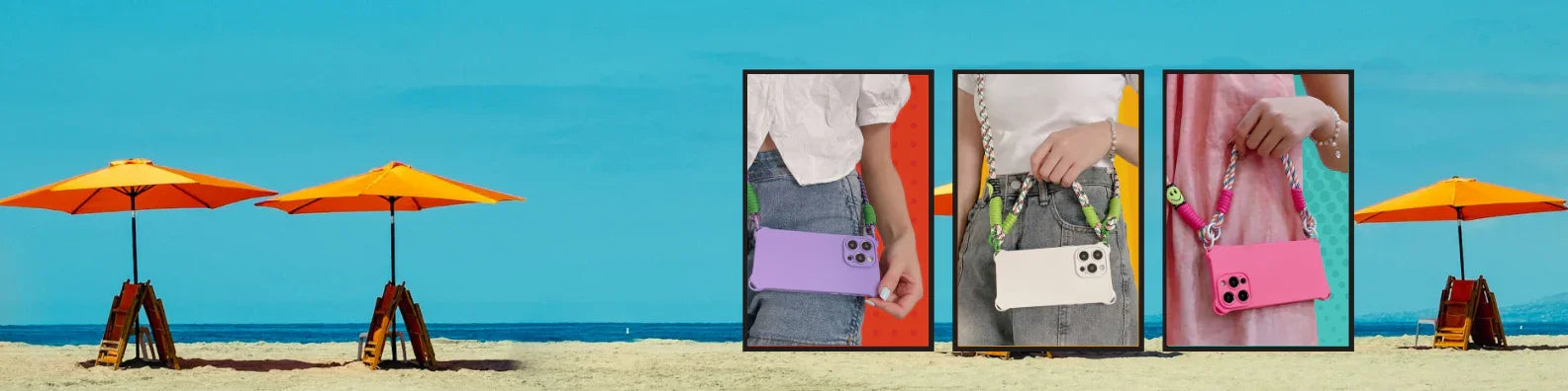 bannière promo de l'été pour coque de portable iphone sur fond de plage, 3 modèles représentés lilas, blanc et rose