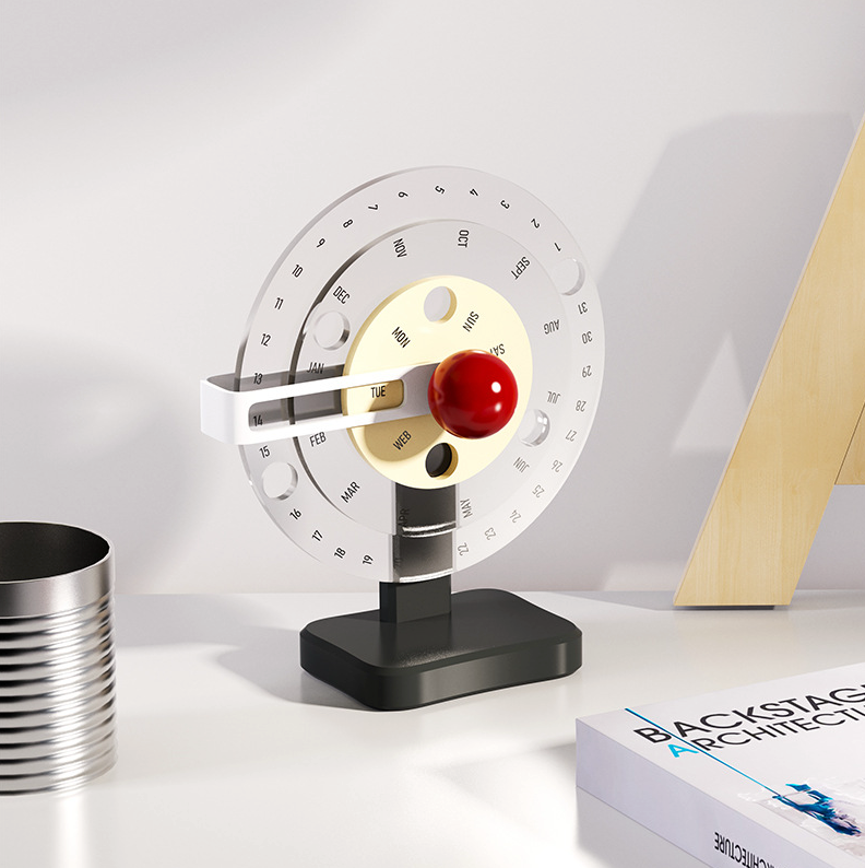 calendrier rotatif couleur clair 3 cercles sur un bureau style minimaliste