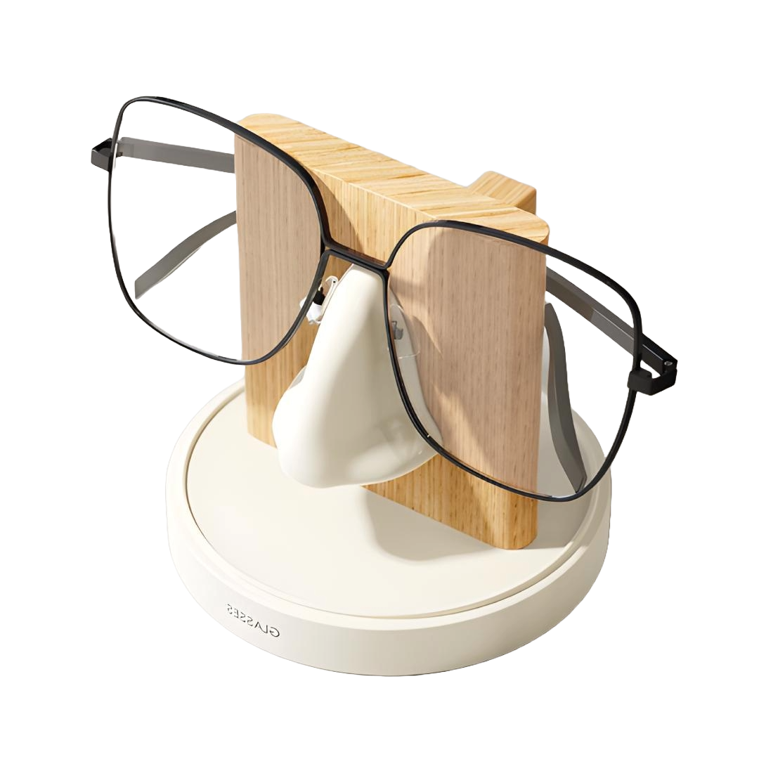 support lunettes blanc et bois clair avec paire de lunettes noire sans fond
