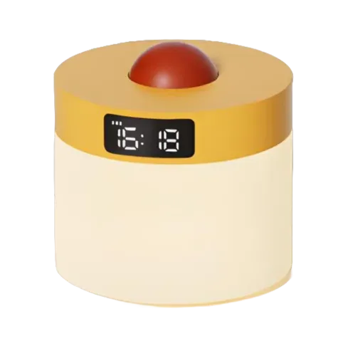 veilleuse horloge avec haut de corps jaune et boule décoration rouge sans fond