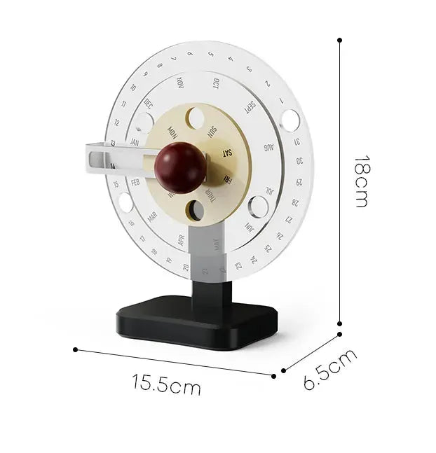 dimensions calendrier rotatif couleur clair 3 cercles sur fond blanc