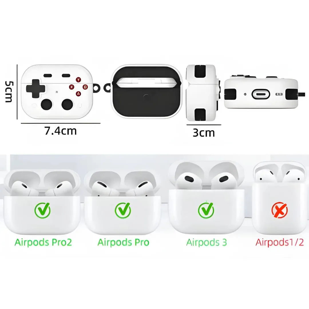 Dimensions de la coque AirPods en forme de manette et compatibilité avec AirPods Pro, Pro 2 et 3.