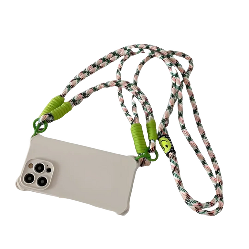 Coque crème avec cordon blanc/vert/orange posée à plat sur fond transparent