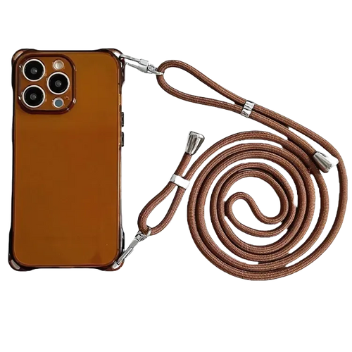 Coque iPhone marron avec cordon ajustable assorti, vue produit sur fond transparent
