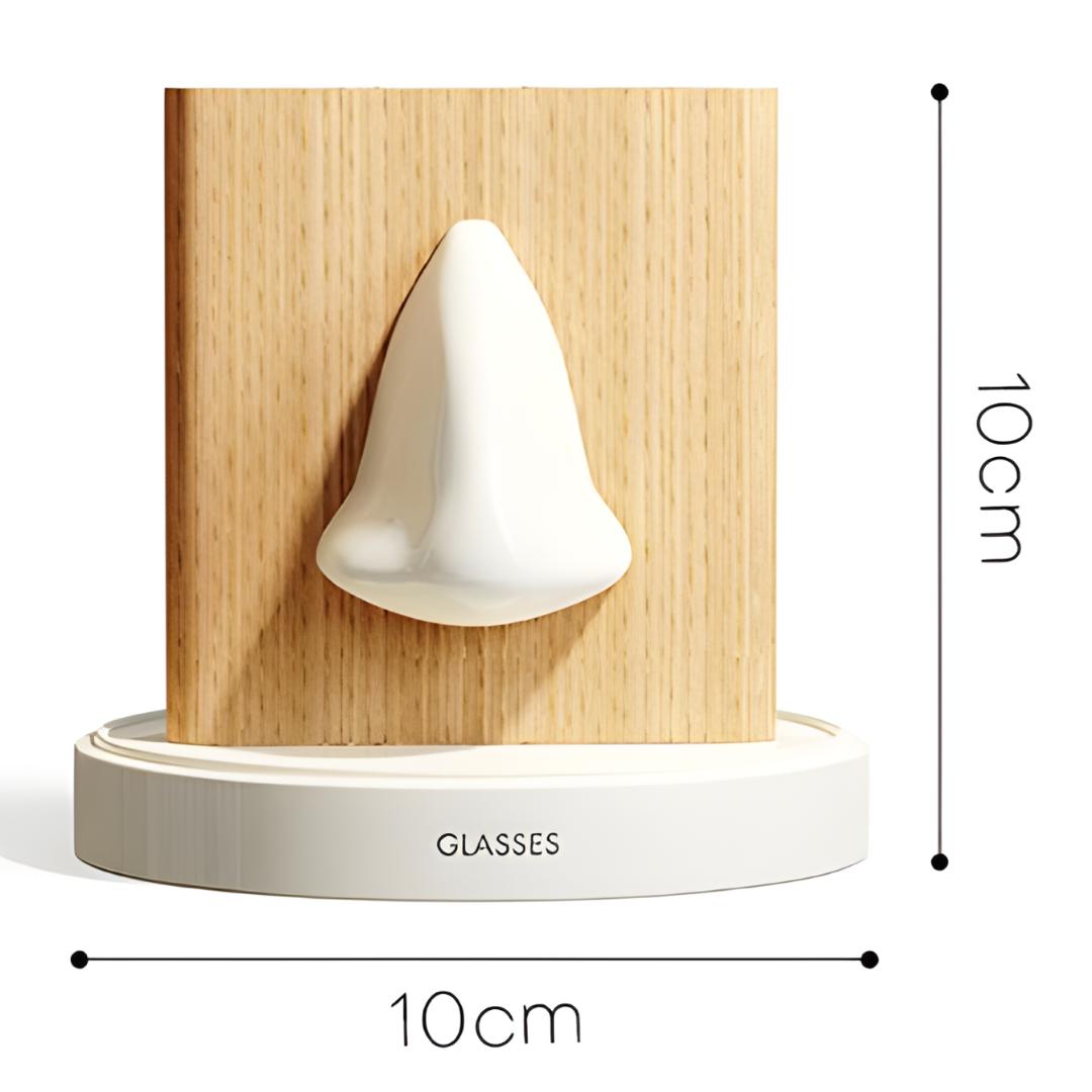dimensions 10 x 10 cm support lunettes blanc et bois clair sur fond blanc