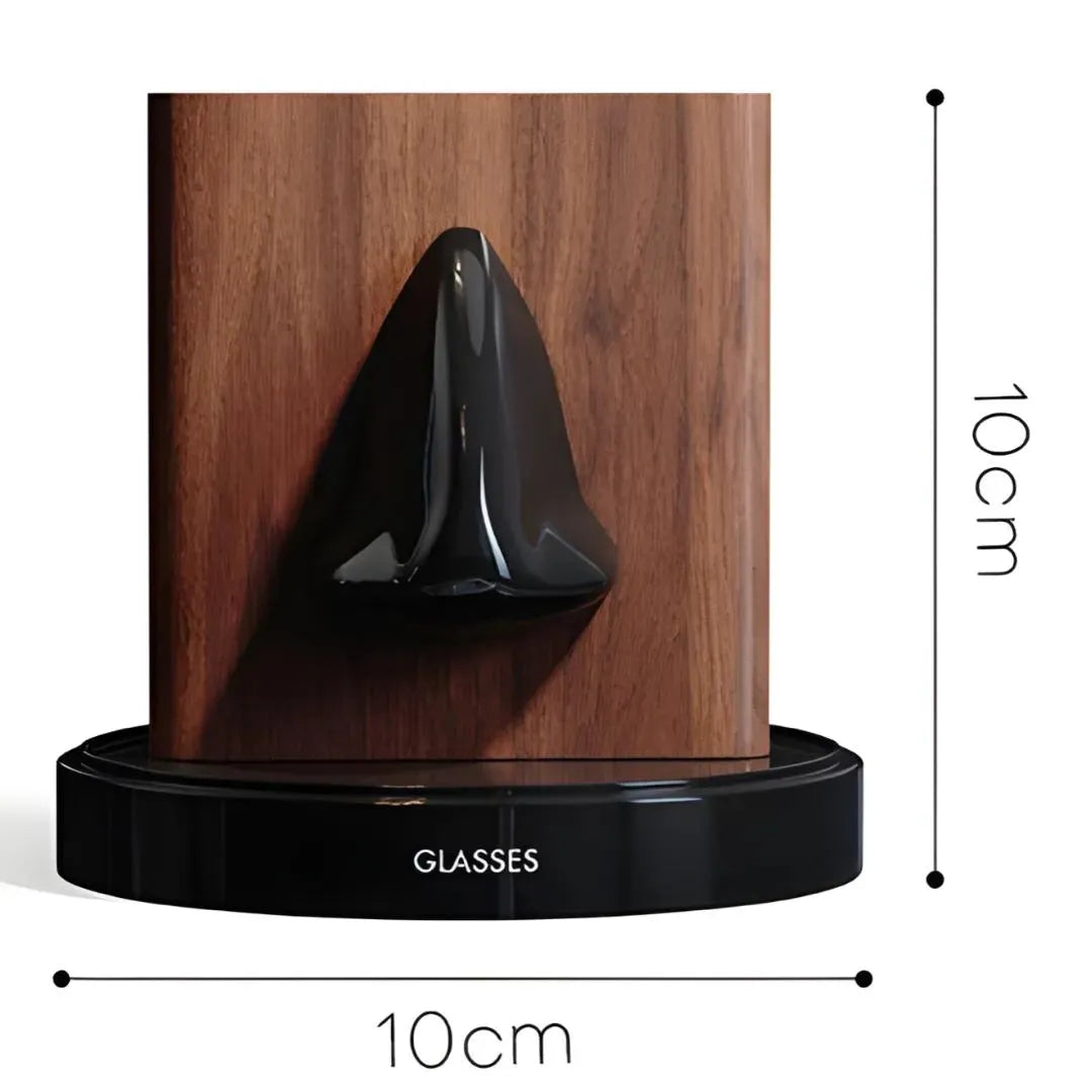 dimensions 10 x 10 cm support lunettes noir et bois foncé sur fond blanc