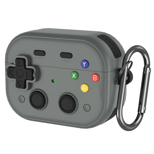 Étui AirPods Pro manette gaming noir avec boutons colorés et mousqueton métallique, style console retro.