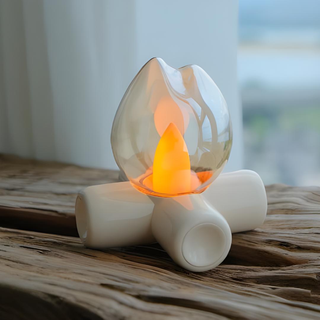 lampe flamme posée sur matériau de bois pour un effet rustique