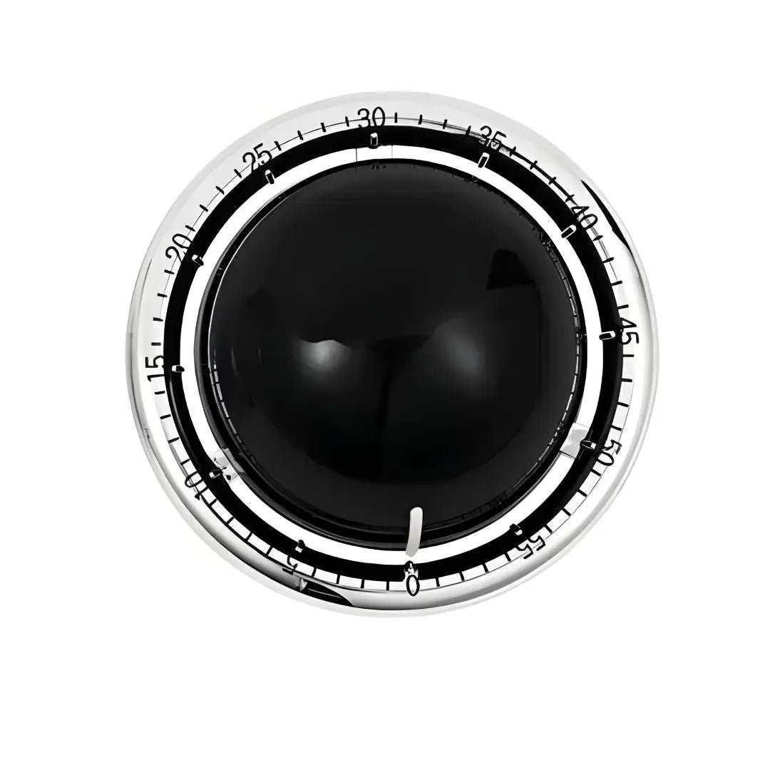 Vue frontale du minuteur sphérique noir sur fond blanc