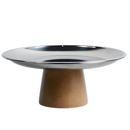 plateau métal argenté avec support en bois clair, style nordique, vue produit sans fond