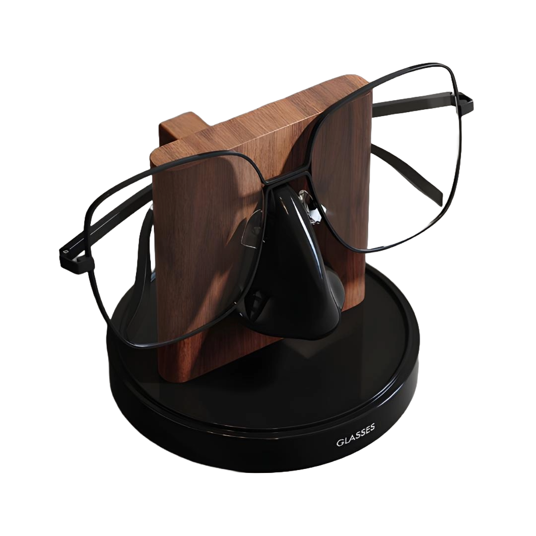 support lunettes noir et bois foncé avec paire de lunettes noire sans fond