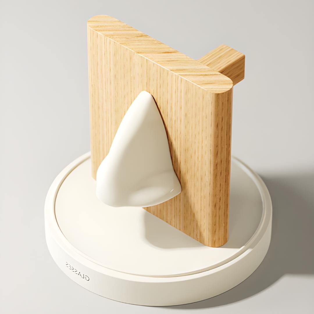 vue de coté support lunettes blanc et bois clair sur fond neutre