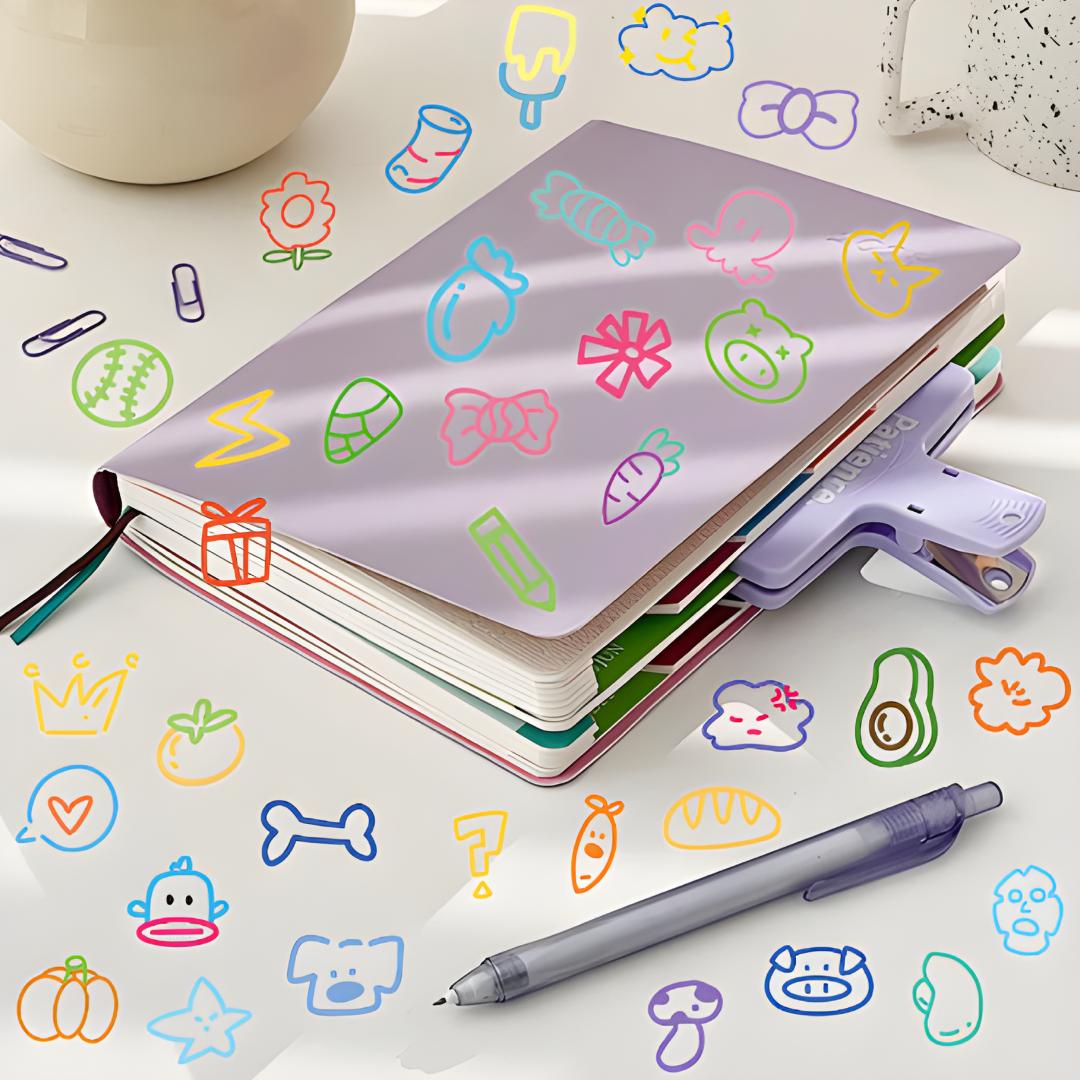 Stickers déco autocollant appliqués sur un carnet violet avec stylisation graphique