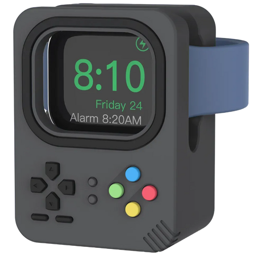 Support Apple Watch rétro gris foncé, fond transparent, style console portable.