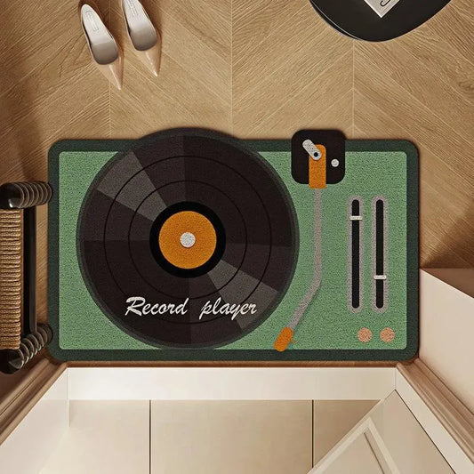 Tapis platine vert avec vinyle noir vu du dessus dans un intérieur moderne