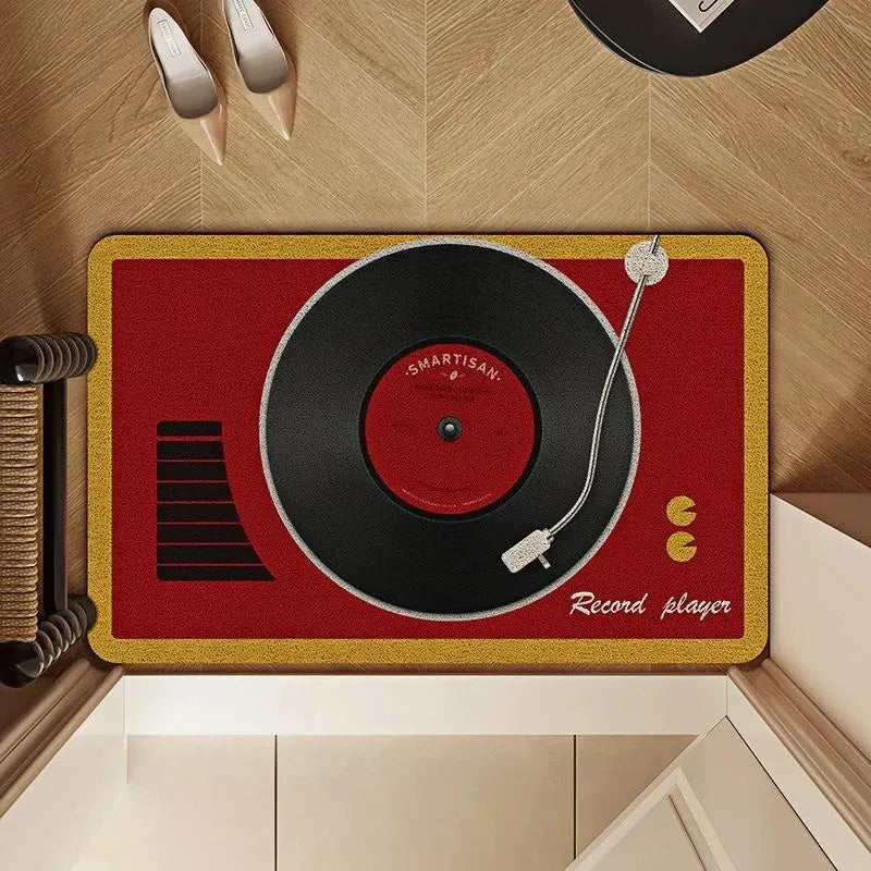 Tapis rouge design platine vinyle rétro avec disque noir et texte “Record player”