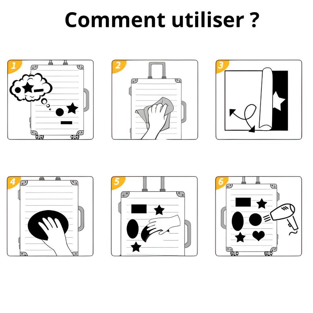 Étapes illustrées pour coller un stickers déco autocollant sur une surface lisse, méthode en 6 étapes