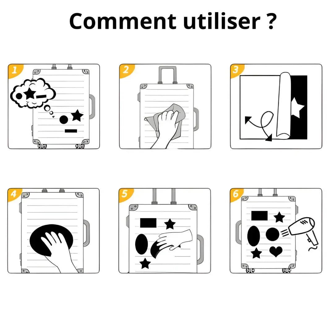 Étapes illustrées pour coller un stickers déco autocollant sur une surface lisse, méthode en 6 étapes