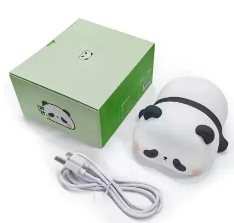 Veilleuse panda avec câble de recharge USB et boîte, contenu du coffret visible