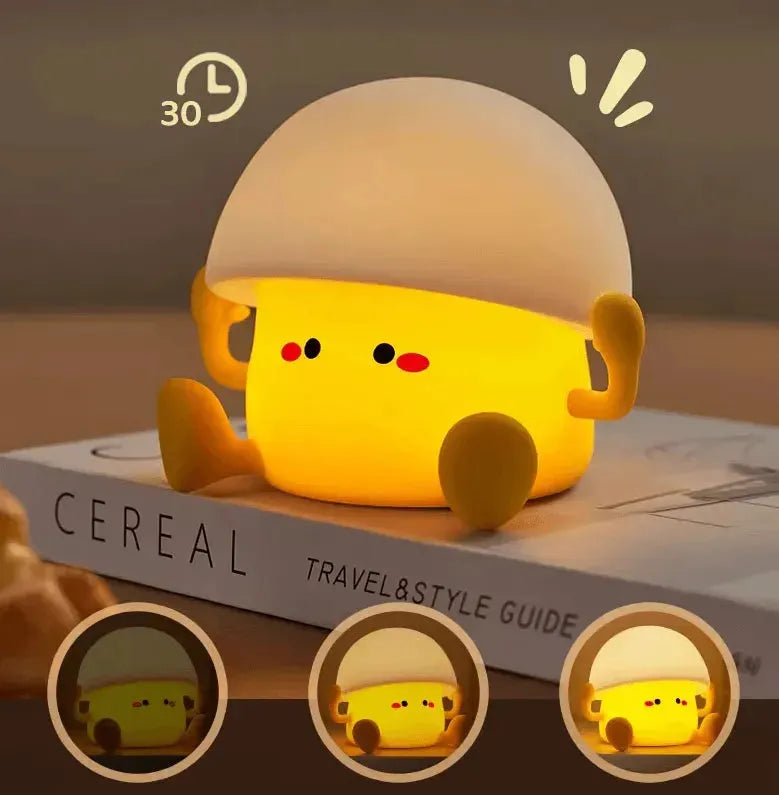 démonstration 3 modes d'éclairage veilleuse forme d'oeuf avec des pieds et des mains