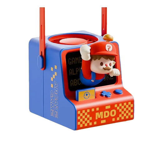 Ventilateur rétro arcade rouge avec figurine en 3D, design geek et ludique