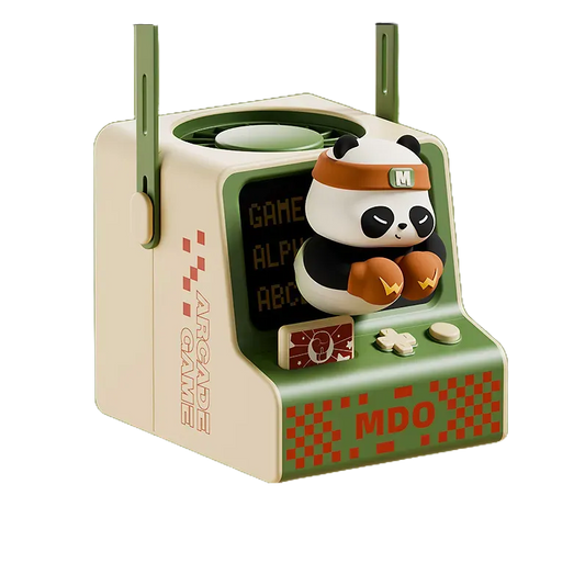 Ventilateur design console arcade avec figurine panda boxeur, couleur vert crème