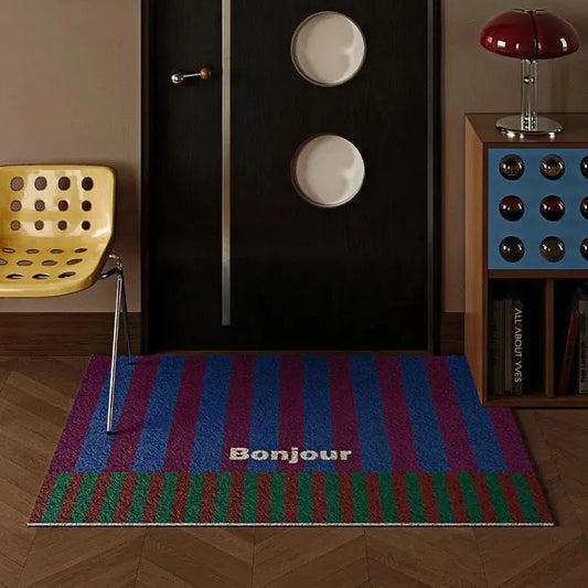 paillasson bonjour bleu et rouge dans un salon design