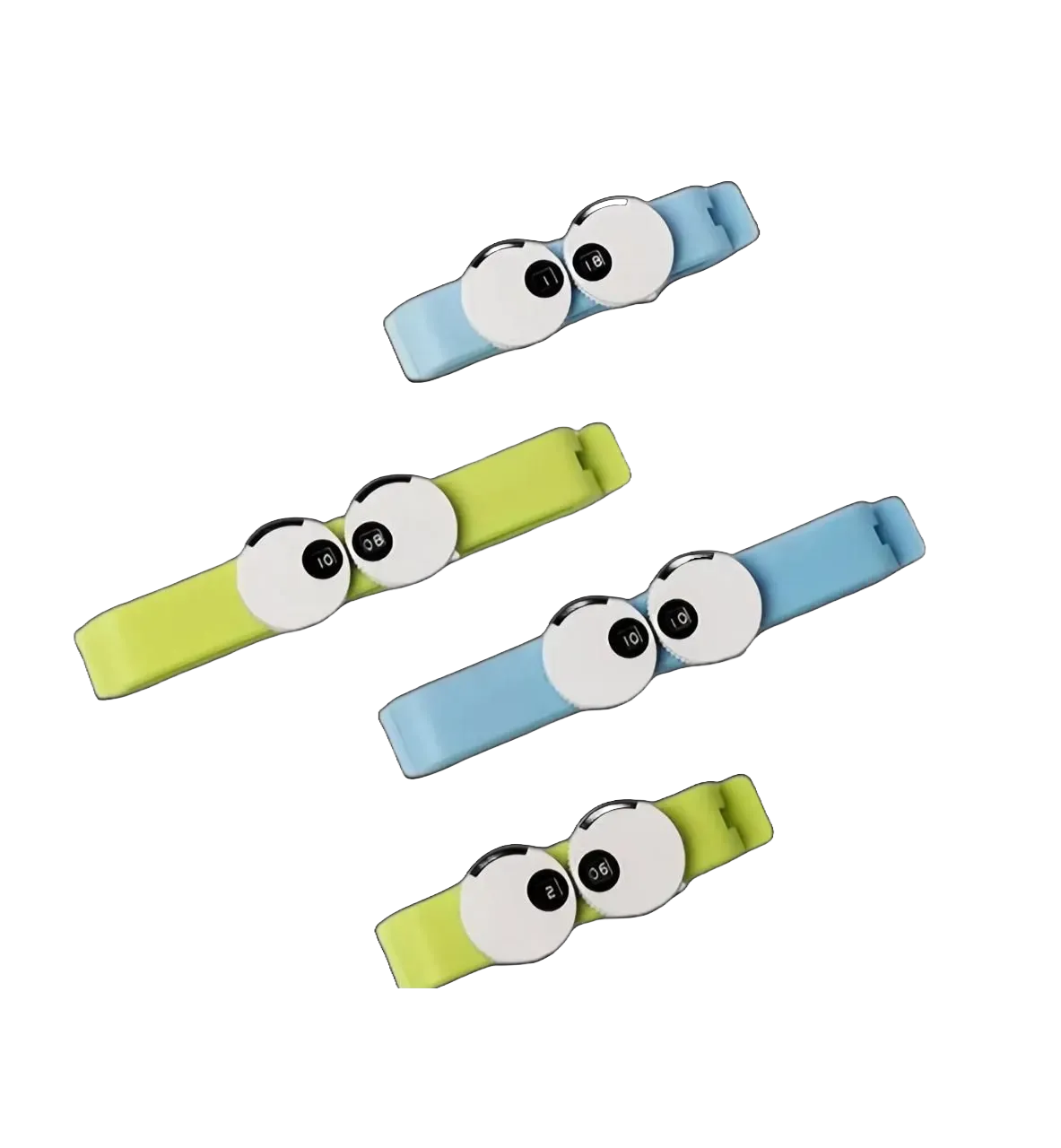 Ensemble de clips alimentaires hermétiques verts et bleus avec molette de date, design yeux ludiques