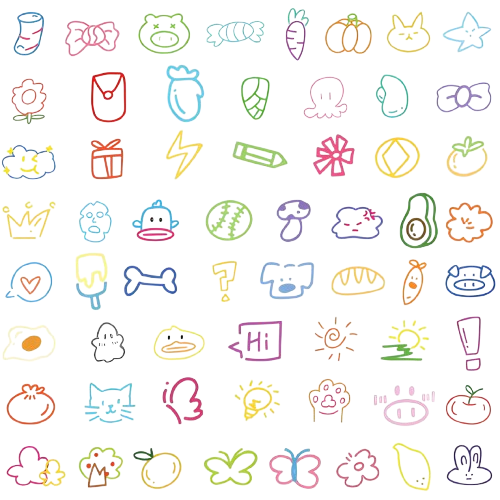 Vue complète des 60 stickers déco autocollant colorés avec motifs variés sans fond