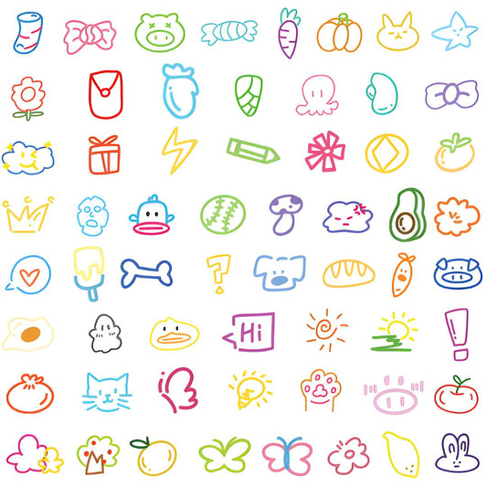 Vue complète des 60 stickers déco autocollant colorés avec motifs variés sur fond blanc