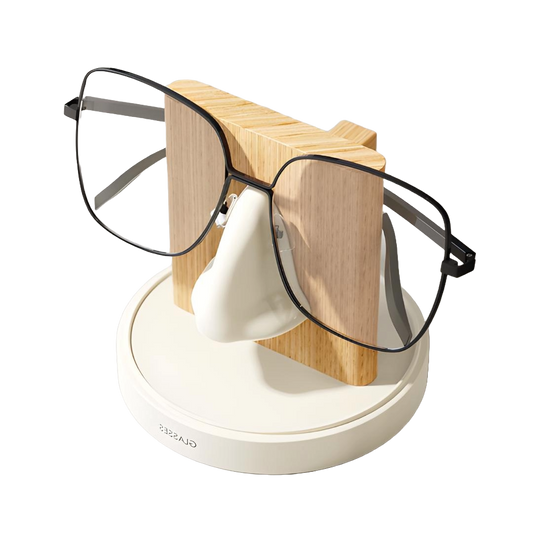 support lunettes blanc et bois clair avec paire de lunettes noire sans fond