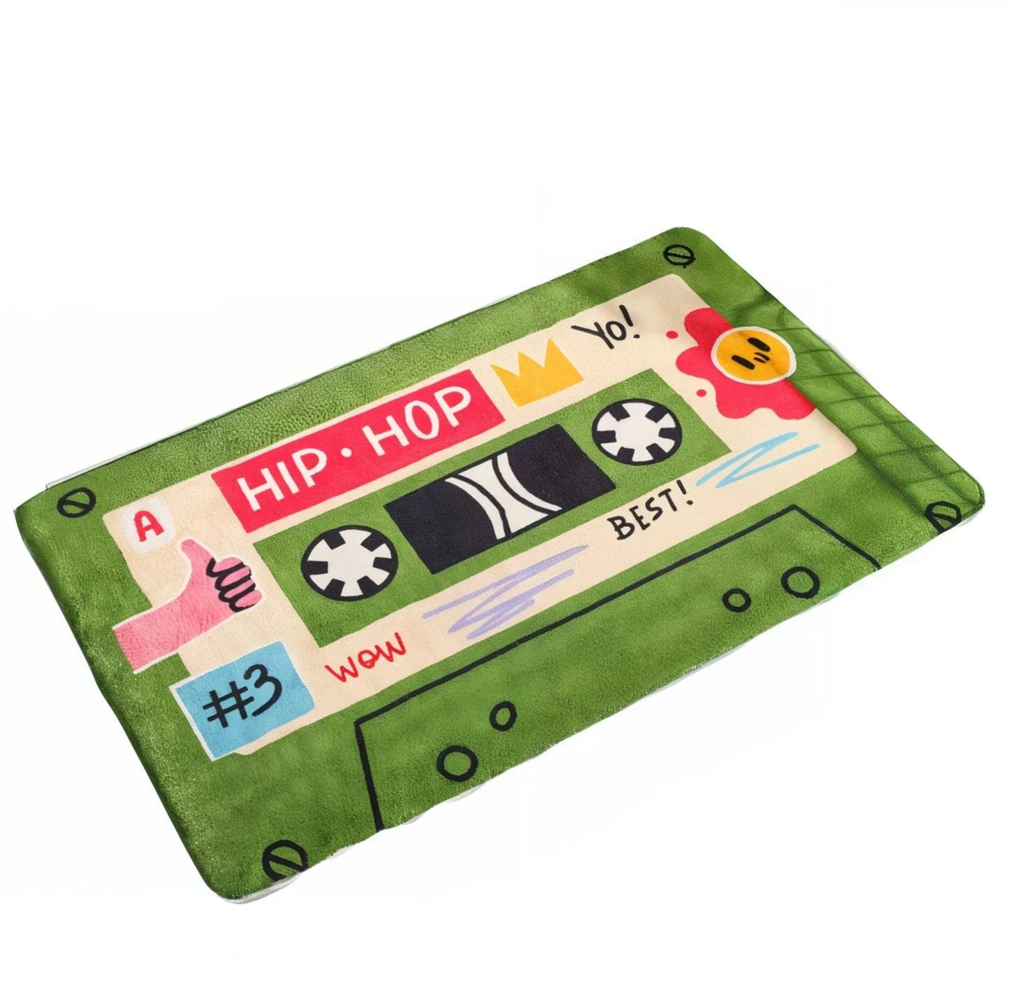 tapis de bain en forme de cassette rétro couleur vert avec les mots hip hop dessus