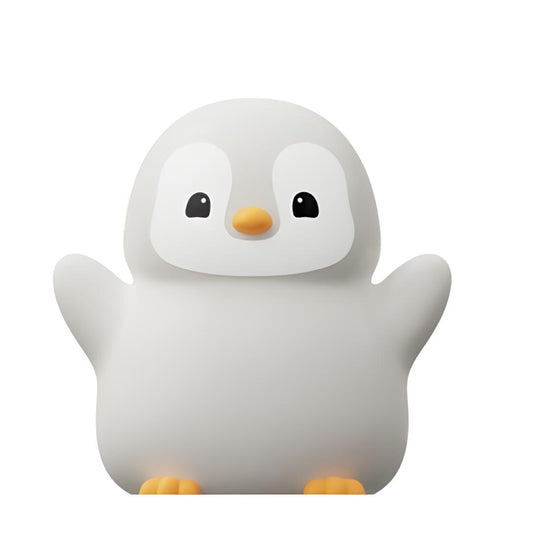 veilleuse pingouin debout avec les bras en l'air sur fond blanc