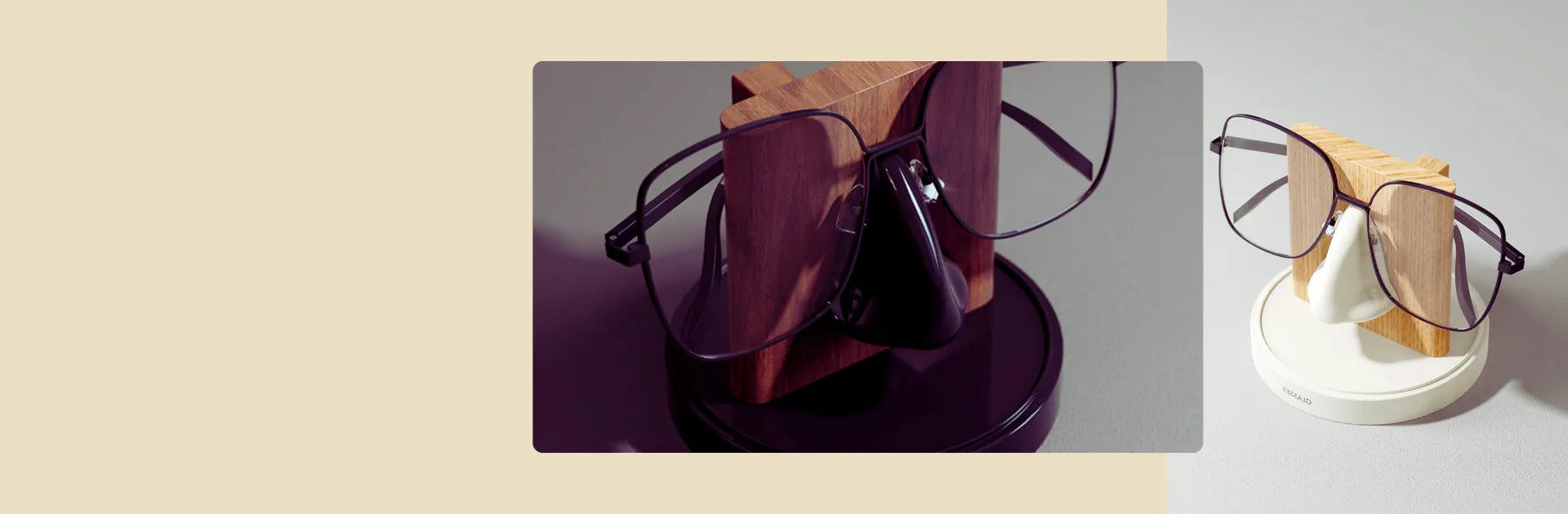 bannière mise en avant porte lunette en bois avec nez en métal, un de couleur noir et un de couleur blanche
