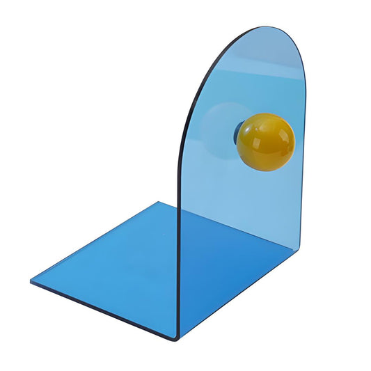 Bloc livres bleu en acrylique avec boule jaune, structure en L visible en détail sur fond blanc.