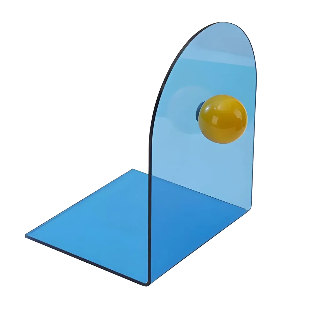 packshot Bloc livres bleu en acrylique avec boule jaune, structure en L visible en détail sans fond