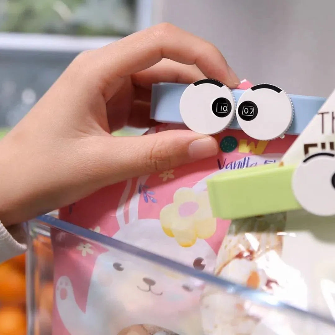 Clip hermétique bleu fixé sur un paquet alimentaire, réglage facile de la date