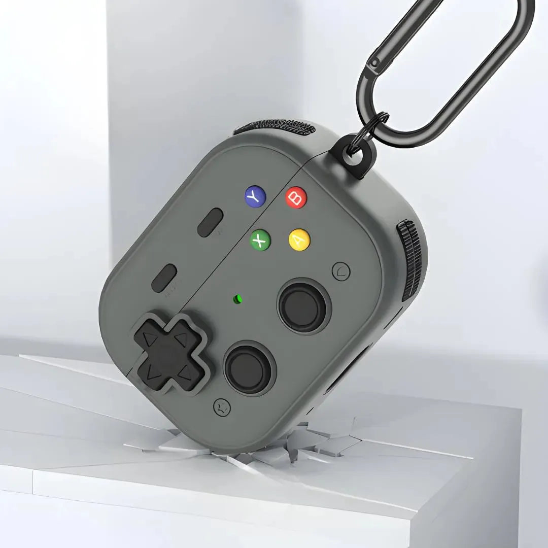 Étui AirPods style manette en silicone anti-choc avec protection renforcée et mousqueton.