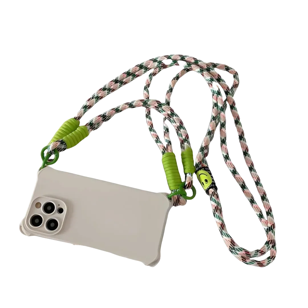 Coque crème avec cordon blanc/vert/orange posée à plat sur fond transparent