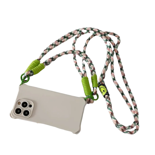 Coque crème avec cordon blanc/vert/orange posée à plat sur fond transparent