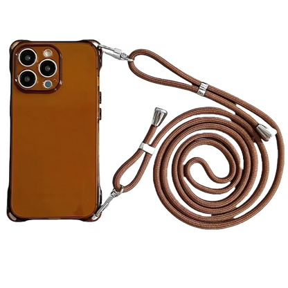 Coque iPhone marron avec cordon ajustable assorti, vue produit sur fond transparent