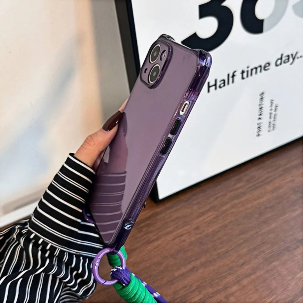 Coque iPhone violette vue latérale droite montrant les boutons et le port de charge