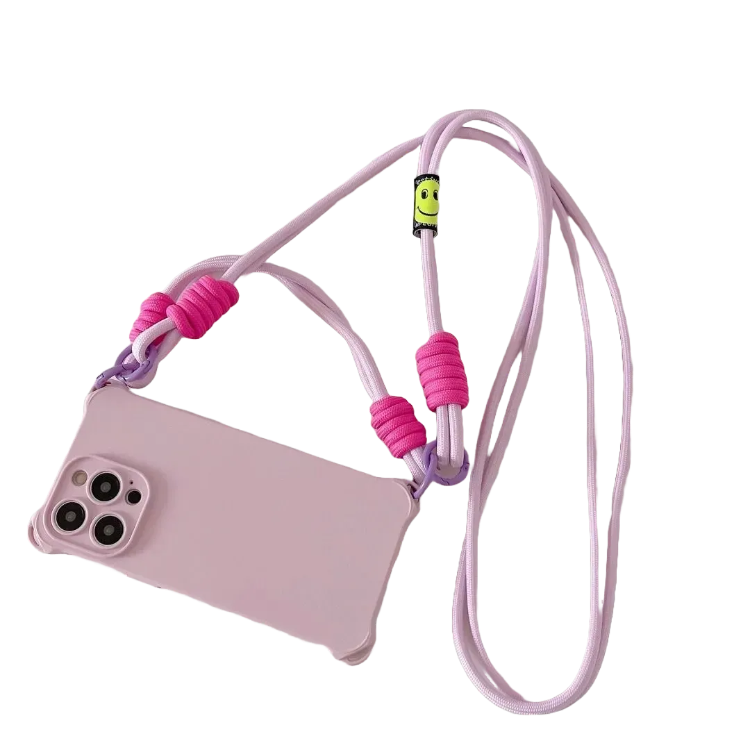 Coque rose pastel avec cordon bandoulière violet et rose fluo en nylon tressé sans fond