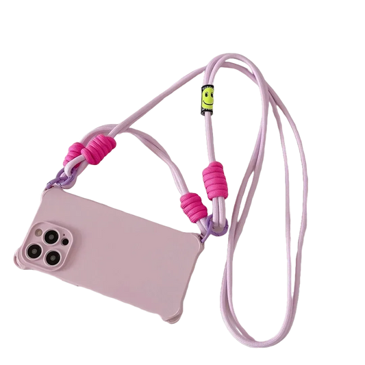 Coque rose pastel avec cordon bandoulière violet et rose fluo en nylon tressé sans fond