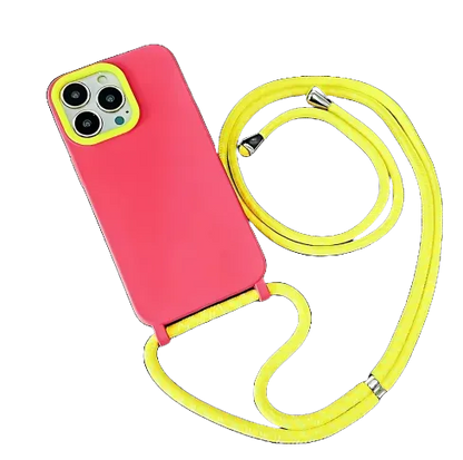 Coque rose fluo pour iPhone avec cordon jaune fluo – vue de dos à plat