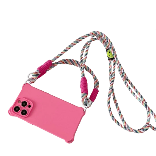 Coque rose fluo avec cordon arc-en-ciel posée à plat sur fond transparent