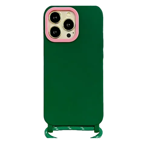 Coque verte avec cordon vert réfléchissant et encadrement rose, détourée sur fond transparent