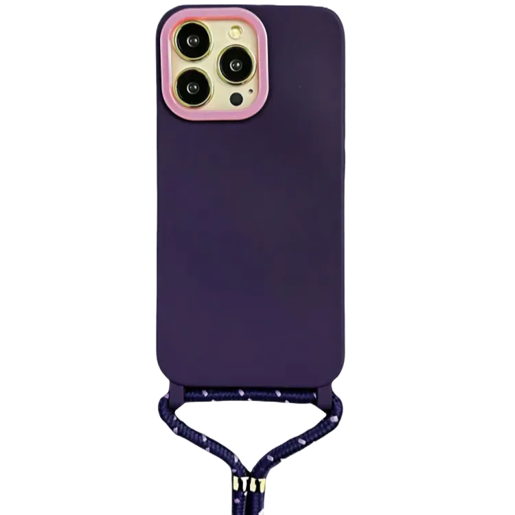 Coque violette pour iPhone avec encadrement rose au niveau de l’appareil photo, fond transparent