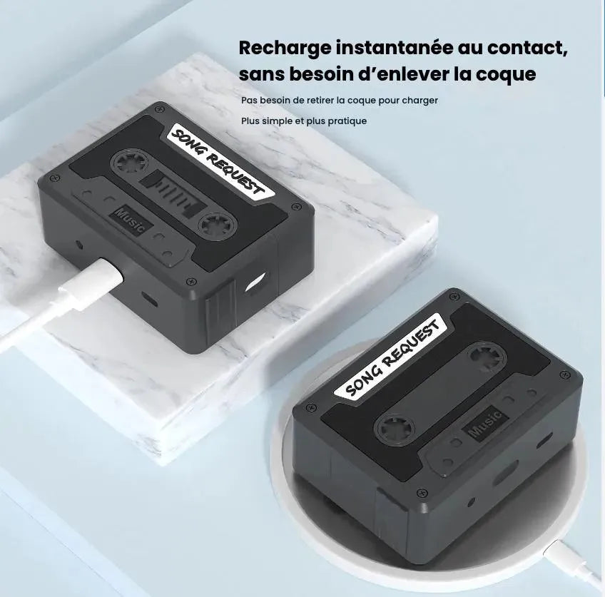 Coque cassette noire rétro pour AirPods Pro compatible charge sans fil et filaire