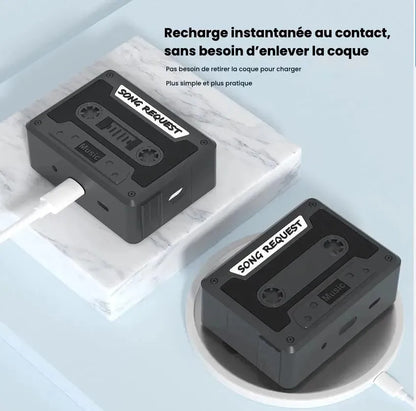Coque cassette noire rétro pour AirPods Pro compatible charge sans fil et filaire